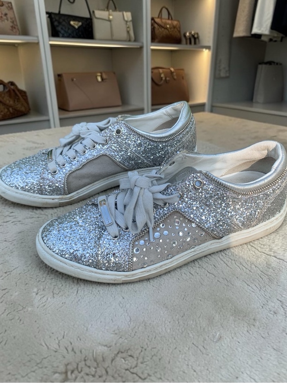 Alessandro Dell'Acqua Silver Glitter Lace-Up Sneakers 37.5 7.5